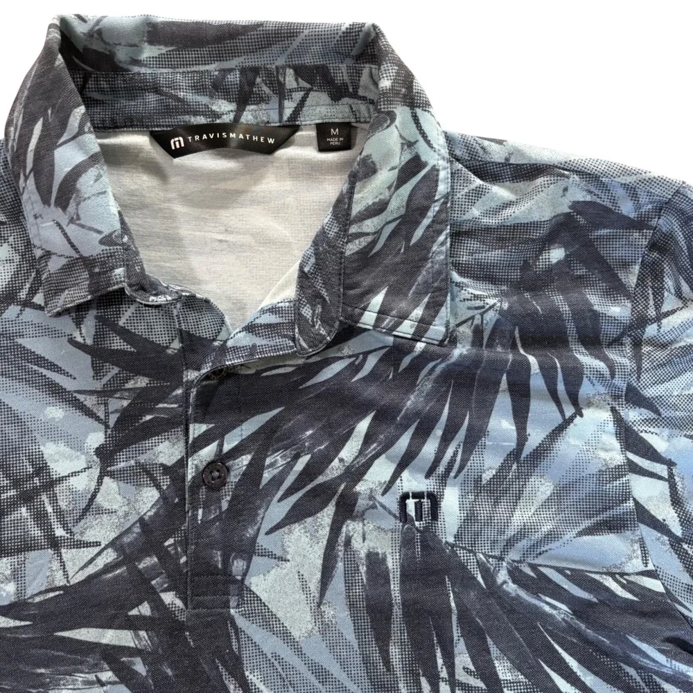 TravisMathew Mens Blue Tropical Palm Leaf Print Casual Golf Polo Shirt‎ Size M
